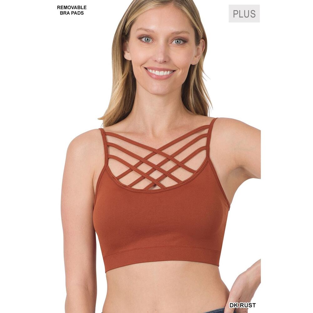 2X/3X Dark Rust Triple Criss Cross Bralette + bra pads Zenana wireless seamless